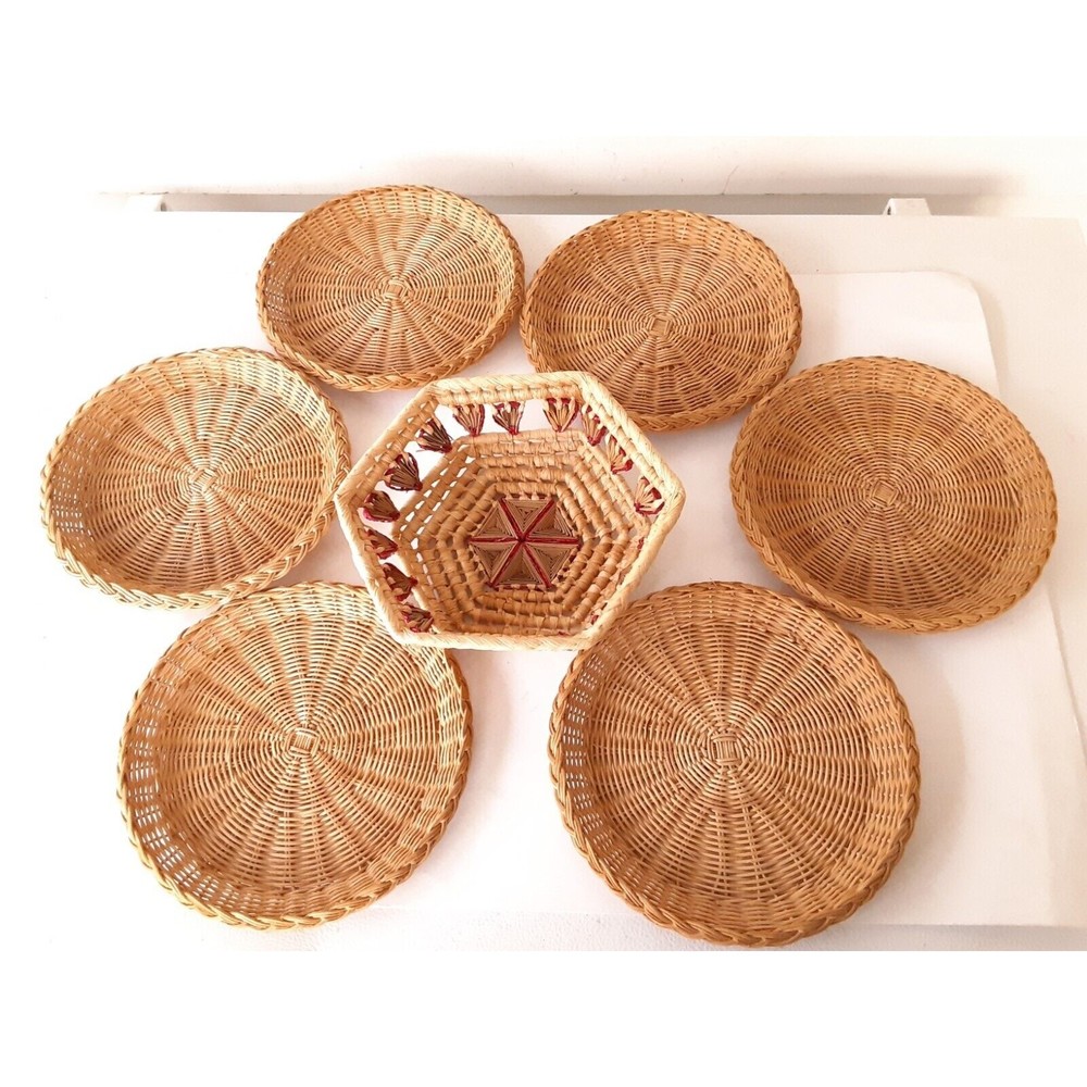 Set of 7 Boho Farmhouse Vintage Wicker Baskets Wall Decor Hexagon and Round